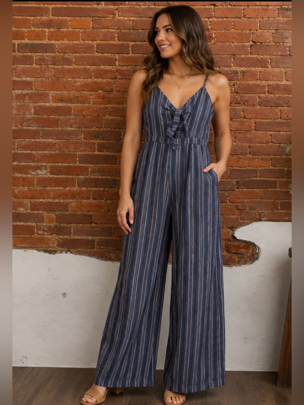 Gianni Bini Blue‎ Wide Leg Striped Cotton Blend Jumpsuit Size Large